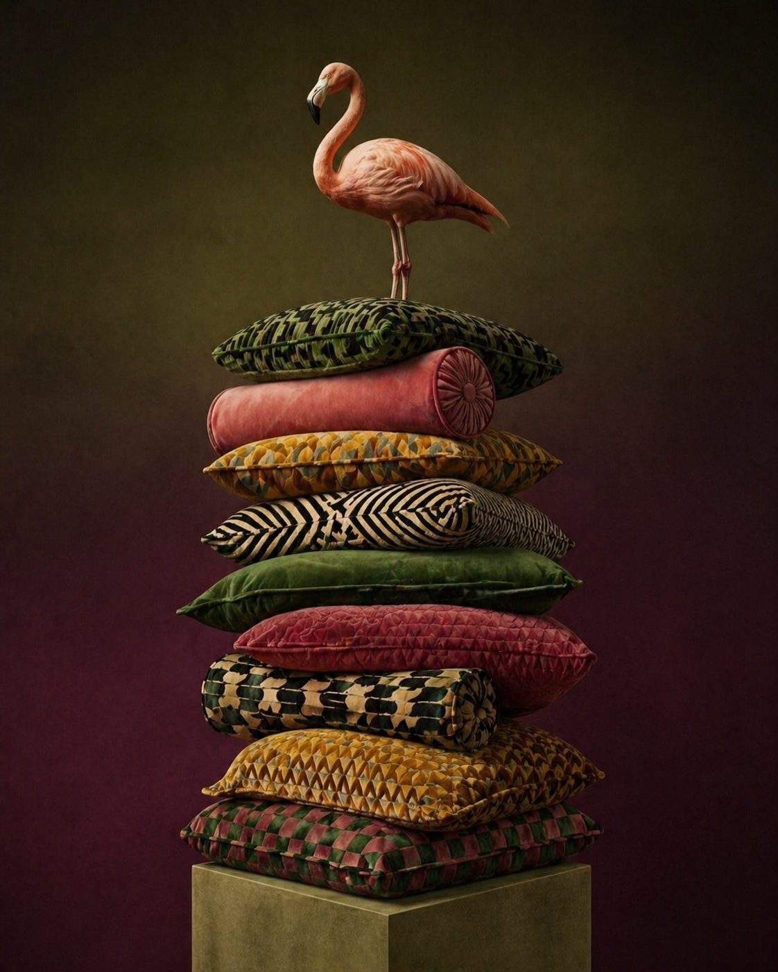 Home textile campaign visual: a tower of patterned velvet cushions with a flamingo — Furnea poster output