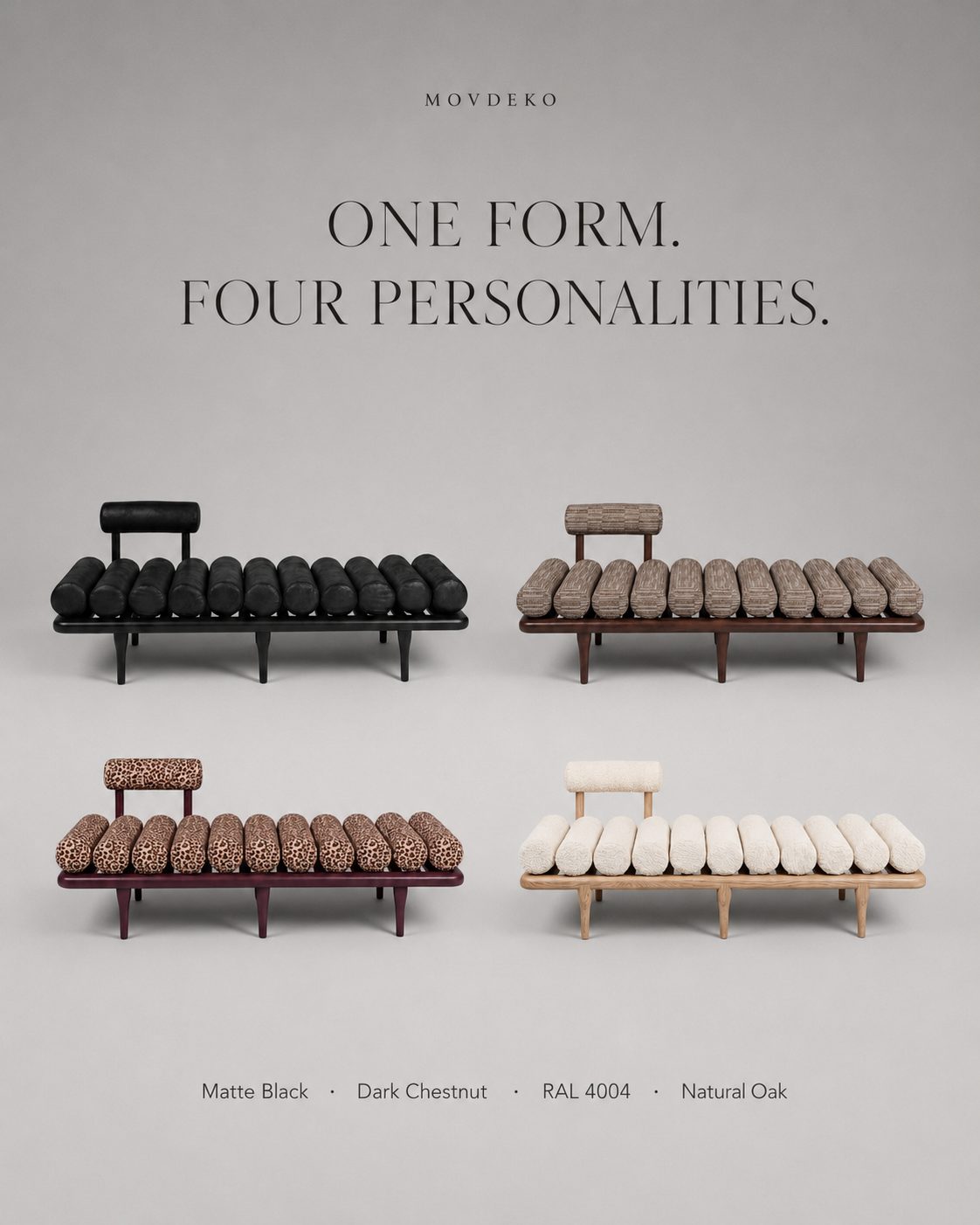 Material and Finish Studio output: the same daybed in four variants — matte black, dark chestnut, RAL 4004 and natural oak