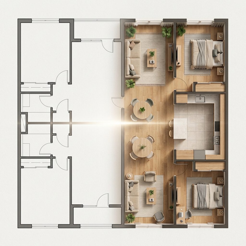 Read Plan: half of a technical floor plan analyzed into a furnished, editable plan — Furnea plan analysis