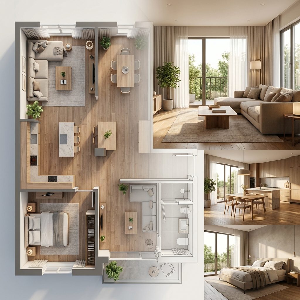 Create Render: living room, kitchen and bedroom renders generated from a floor plan — Furnea architectural visualization