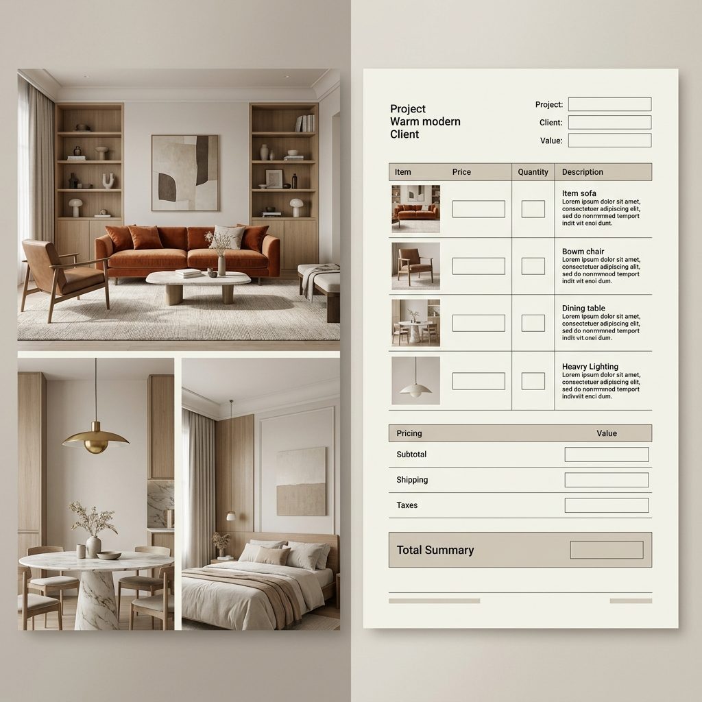 Create Proposal: a client-ready project proposal document with product list, quantities and prices — Furnea