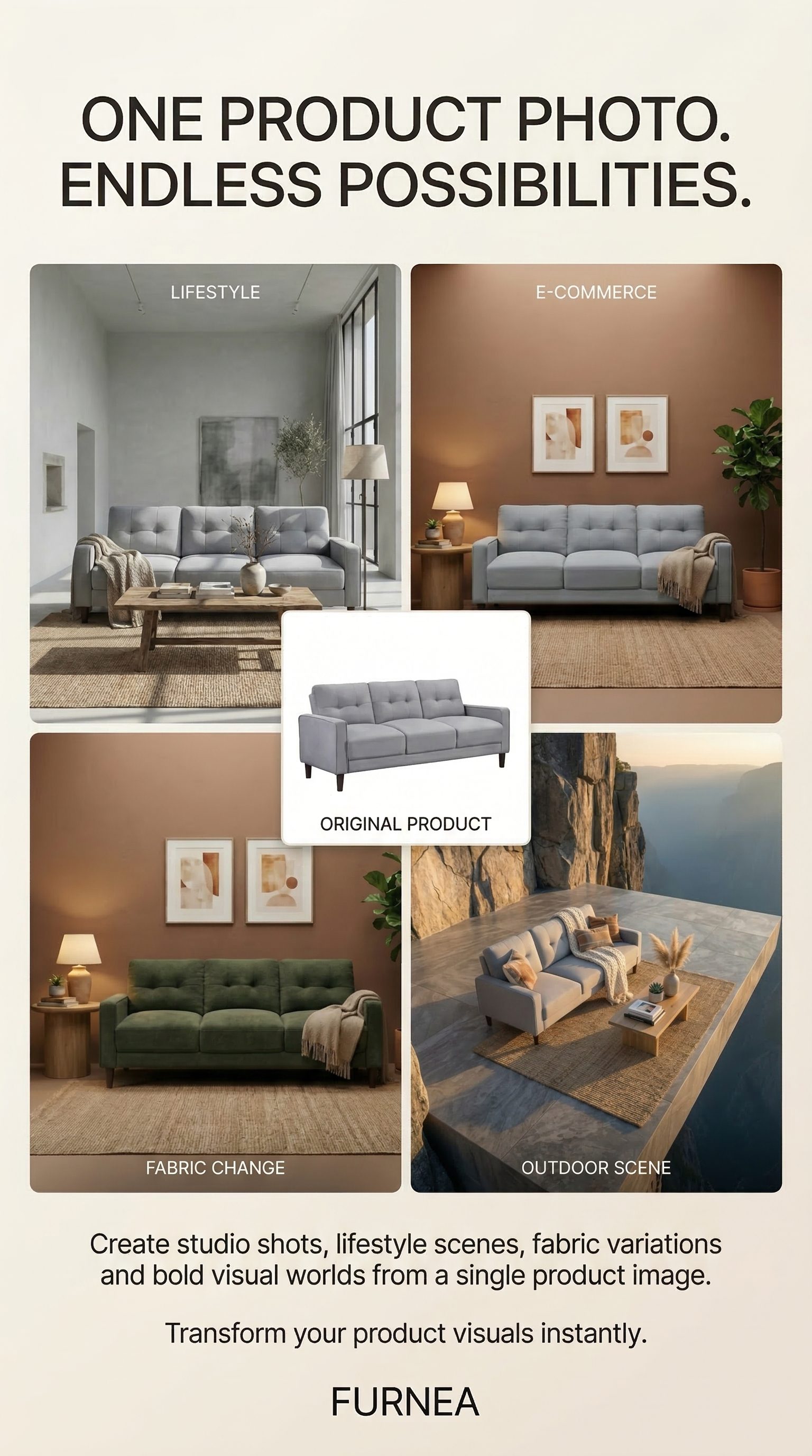 One product photo, endless possibilities: a grey sofa turned into lifestyle, e-commerce, fabric change and outdoor scenes — Furnea