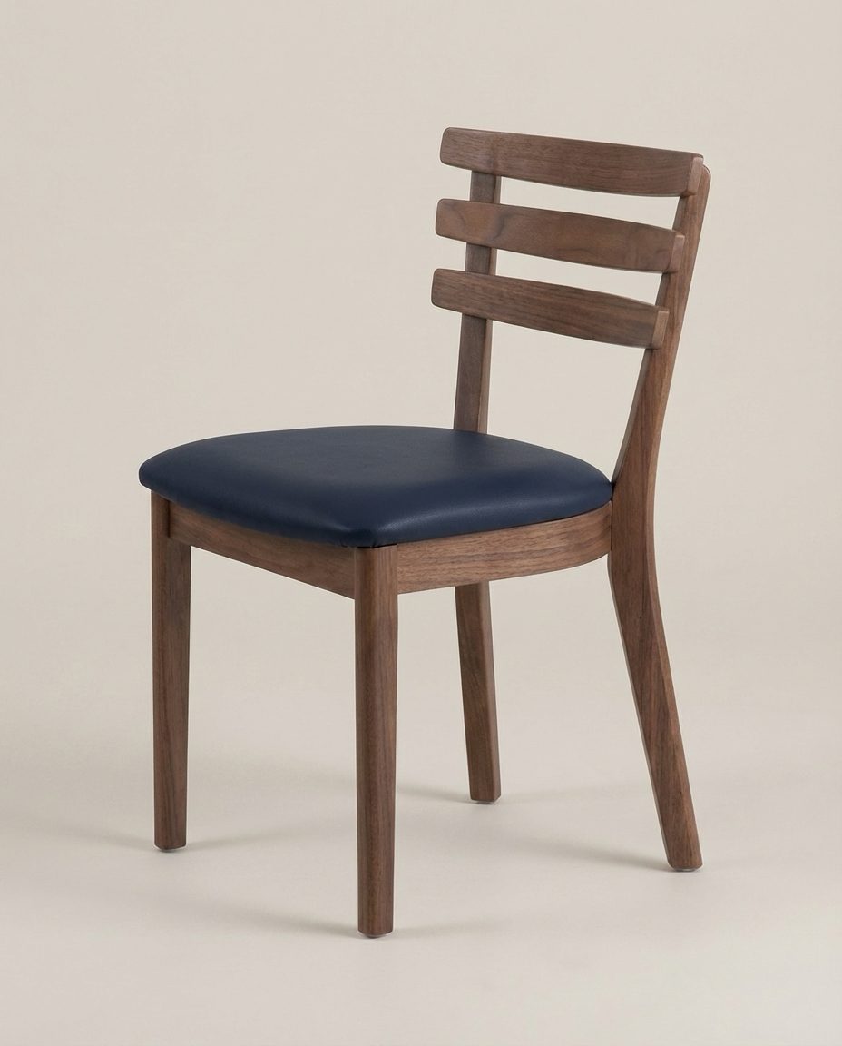 E-commerce visual: the same walnut chair in a clean-background 3/4 angle shot — Furnea Product Set output