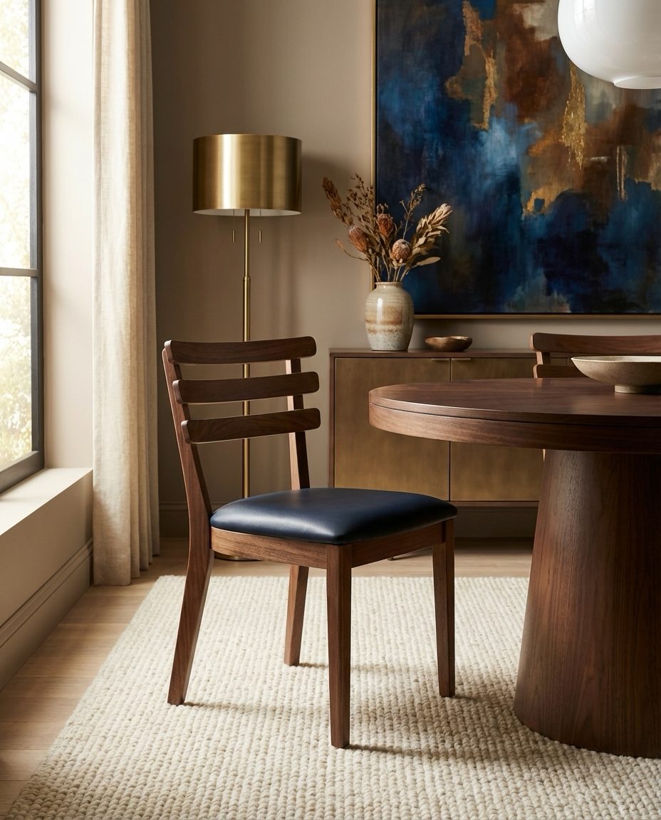 Lifestyle visual: walnut chair in a dining room with a brass lamp — Furnea Product Set output