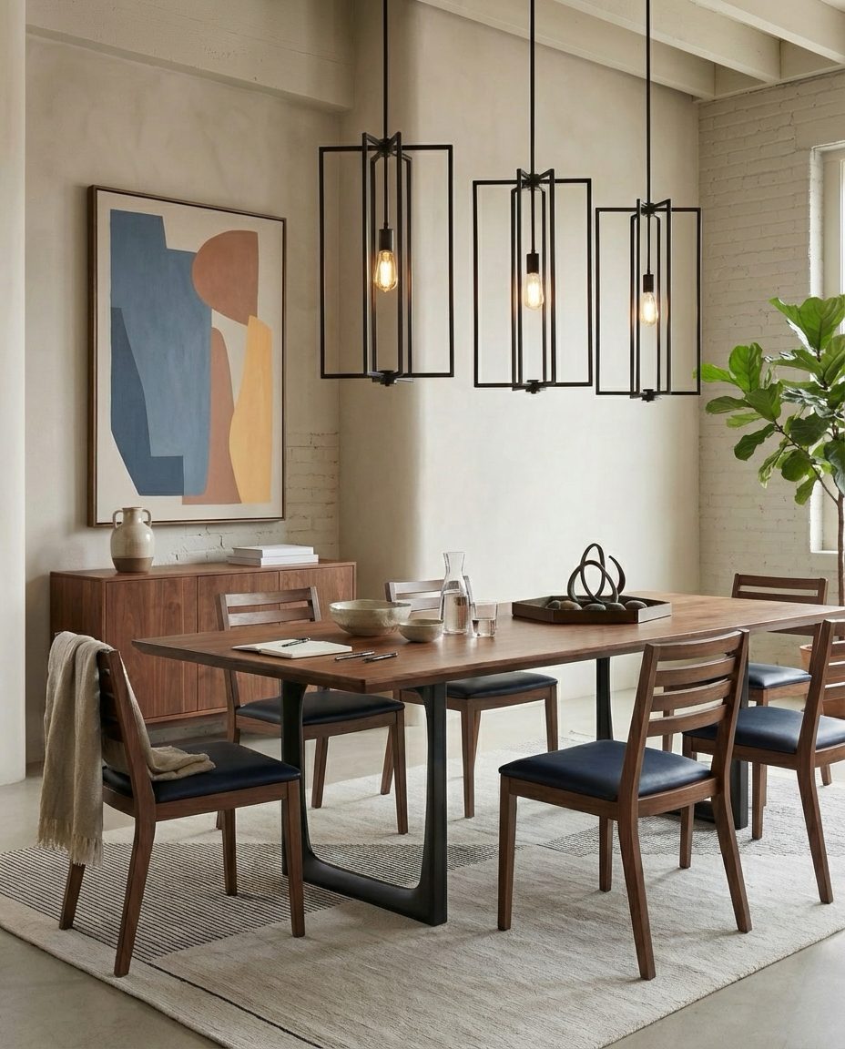 Scene visual: six of the same chair arranged around a dining table, a full room set — Furnea output