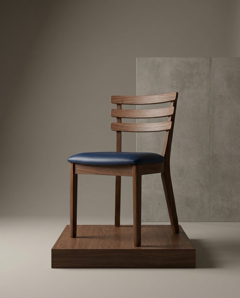 Presentation visual: walnut chair with a navy leather seat on a studio podium — Furnea Product Set output